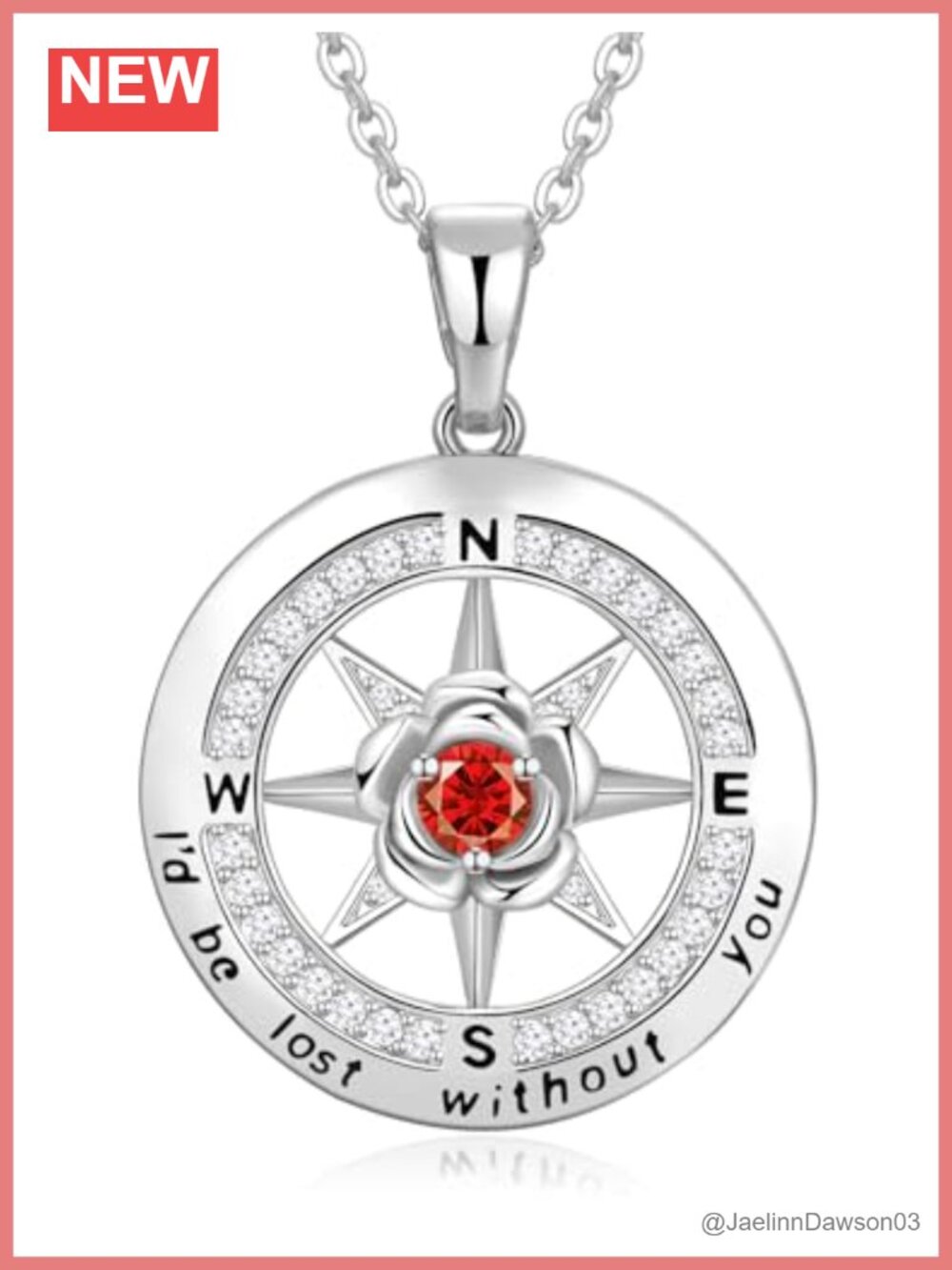 925 Sterling Silver Compass Pendant Necklace with Cubic Zirconia